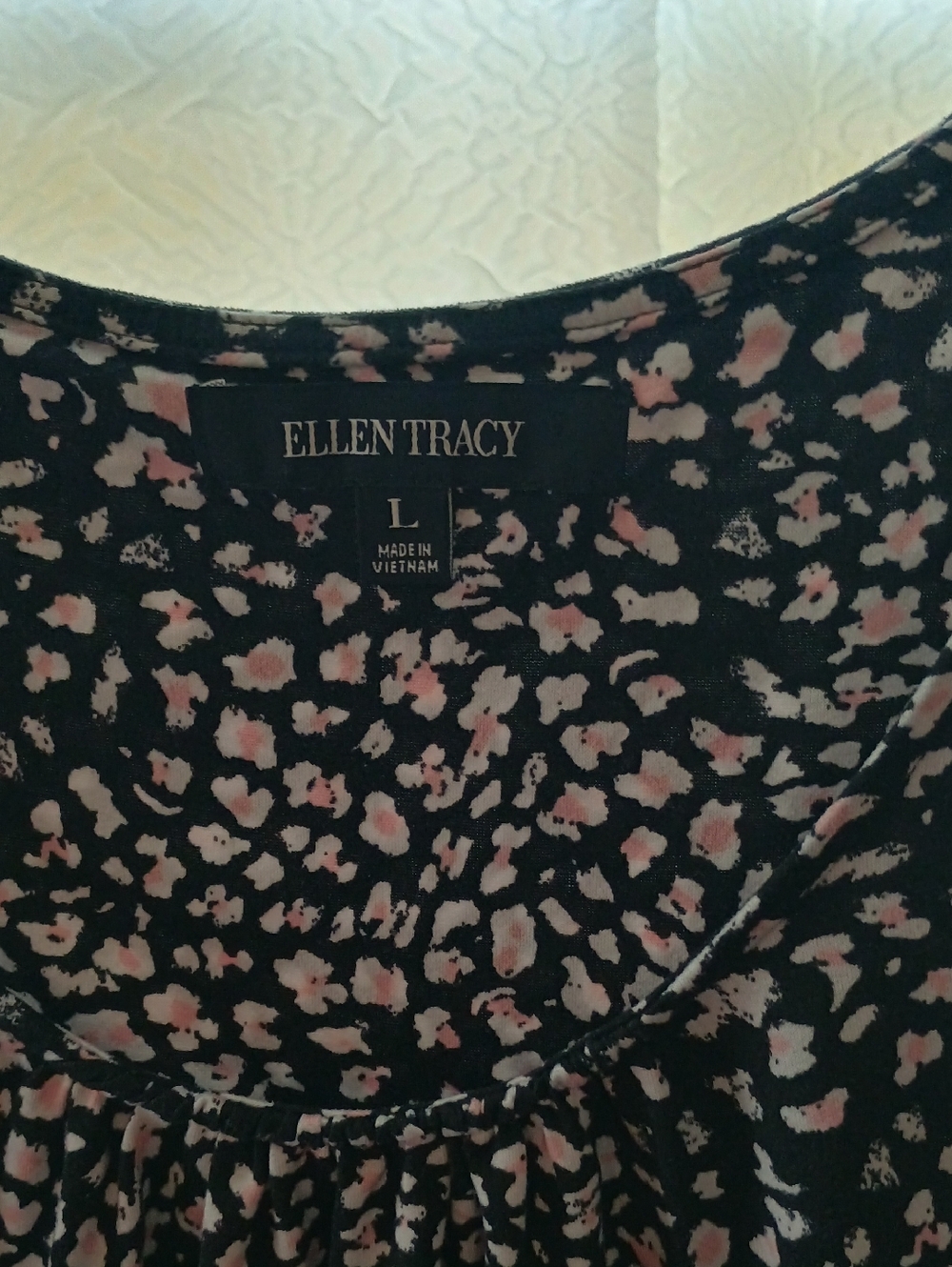 Ellen Tracy Black Blouse with Pink and Cream Spot Print